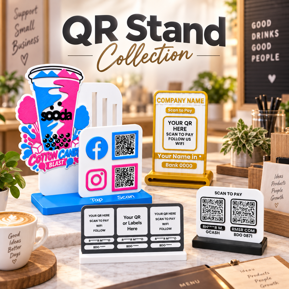 QR Stand Collection by KMC Merch featuring Custom, Classic, and Modern personalized 3D printed QR stands for GCash, Maya, WiFi, menus, reviews, and business payments.