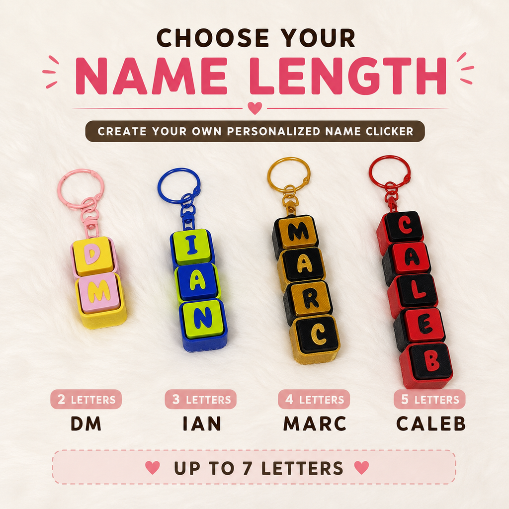 Personalized name keychain examples showing 2, 3, 4, and 5 letter options, with names DM, IAN, MARC, and CALEB, available up to 7 letters
