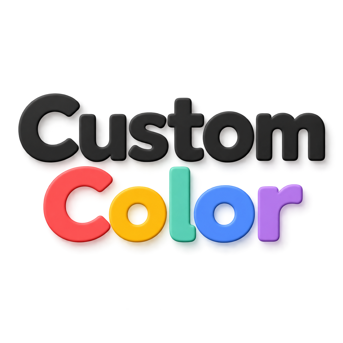 Custom 3D logo lettering displayed in black and multiple vibrant colors, showcasing customizable color options for KMC Merch.