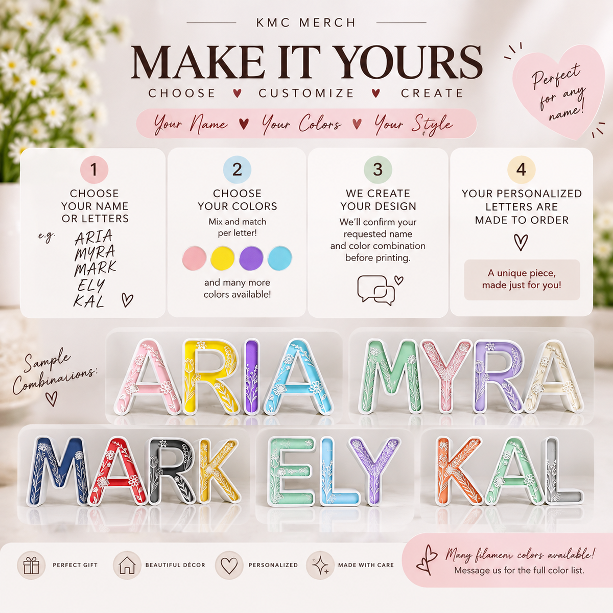 A promotional graphic for a customizable personalized name and initial letter patch set by KMC Merch. The design features a step-by-step process from choosing a name to creating the custom design, with sample glittery patches showing various colors and patterns.