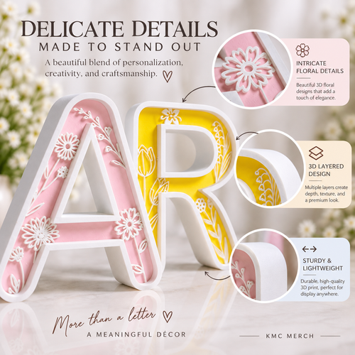 Personalized 3D decorative letters 'AR' with a pink and yellow floral 3D printed design, shown with callout circles highlighting intricate floral details, layered design, and sturdy lightweight construction.