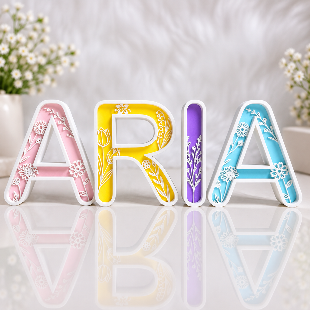 Four decorative capital letters spelling ARIA stand on a glossy white surface. The letters are white with floral cutout or printed designs in pastel pink, yellow, purple, and light blue.