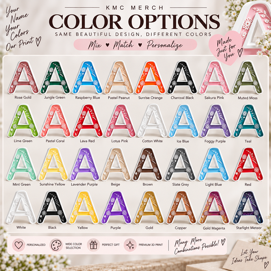 A promotional color-options chart for KMC Merch personalized triangle A frames. The graphic shows rows of colorful triangle frames labeled with names like Rose Gold, Lime Green, Lavender Purple, Beige, Gold, and more, under the heading 'COLOR OPTIONS' with the subtext 'Same beautiful design, different colors.