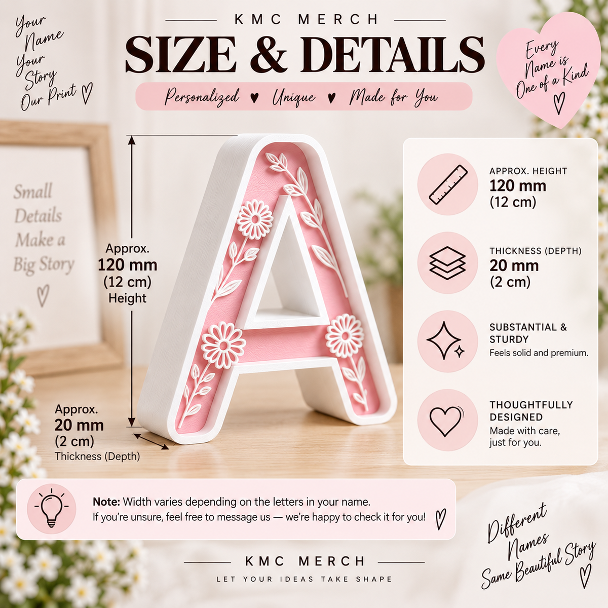 KMC Merch personalized letter size and details guide showing a 3D-printed decorative letter with approximately 120 mm height and 20 mm thickness, with customization and sizing information.