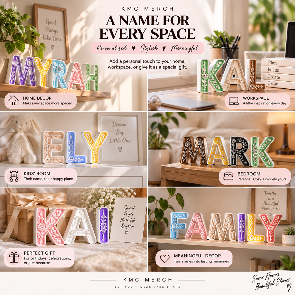 KMC Merch personalized name collection featuring colorful 3D-printed letter decorations styled for home décor, workspace, kids’ rooms, bedrooms, meaningful décor, and gifts.