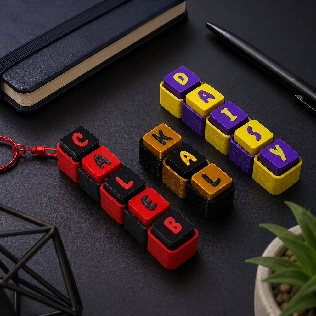 Colorful personalized name keychains in red, black, gold, purple, and yellow on a modern desk