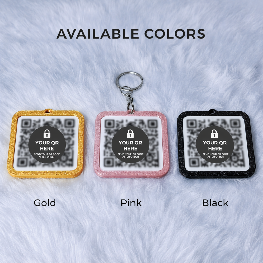 Custom 3D printed QR keychains available in gold, pink, and black, featuring personalized QR code tags with durable square design and keyring attachment by KMC Merch