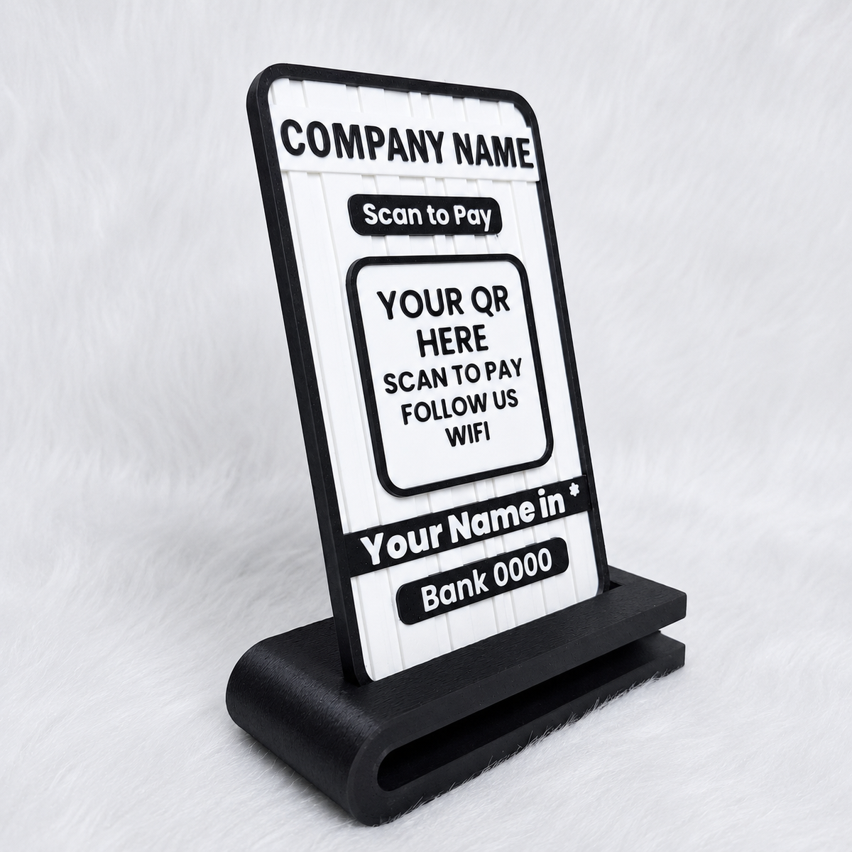 Custom QR Stand with personalized company name, Scan to Pay label, QR code area, bank details, and sturdy 3D printed base shown in an angled product view for business countertop displays by KMC Merch