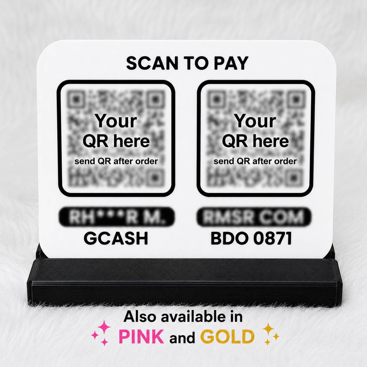 Dual Personalized QR Stand for GCash, BDO, and business QR payments, available in White, Pink, and Gold by KMC Merch