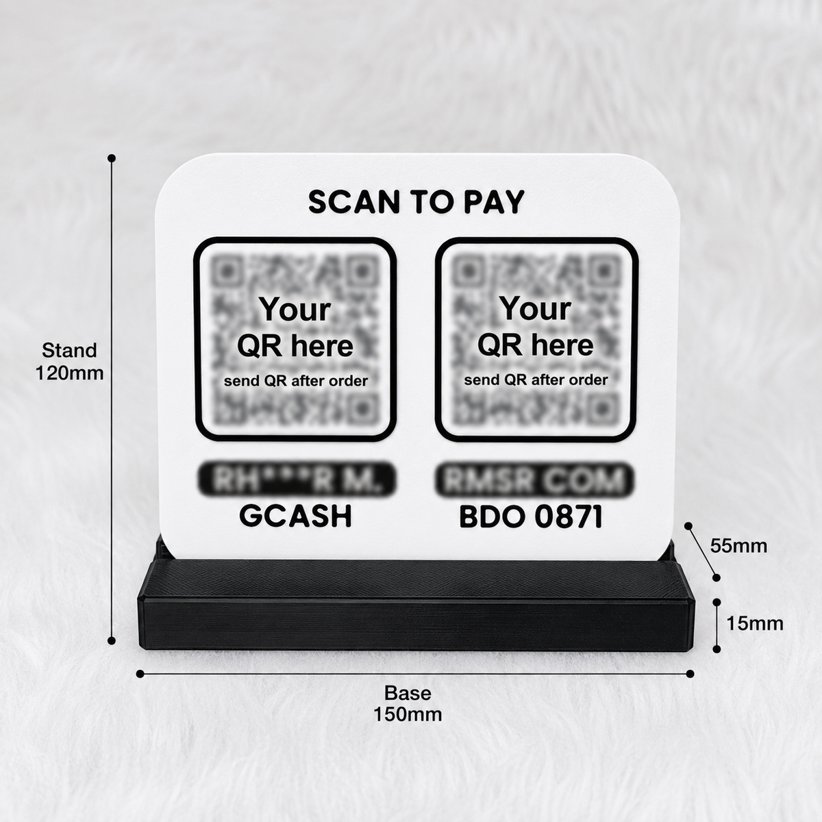 Dual Personalized QR Stand dimensions showing 150 mm base, 120 mm display height, and dual QR code layout for GCash, BDO, and business payments by KMC Merch