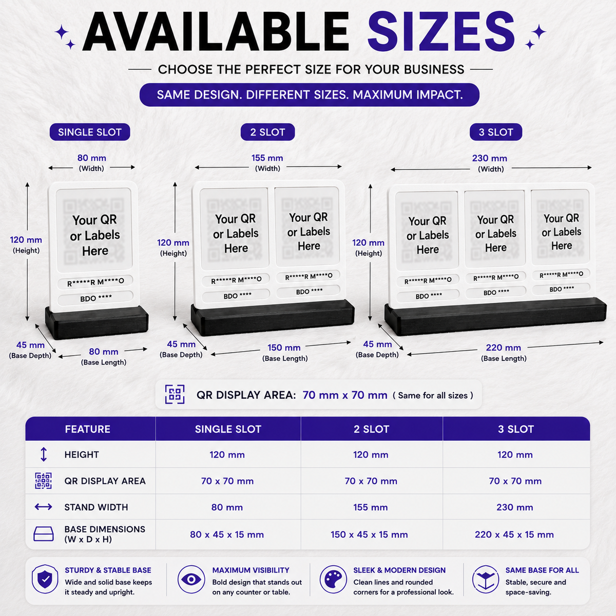 Available sizes comparison for the Modern Personalized QR Stand showing single slot, 2-slot, and 3-slot options with dimensions, QR display area, and base measurements by KMC Merch