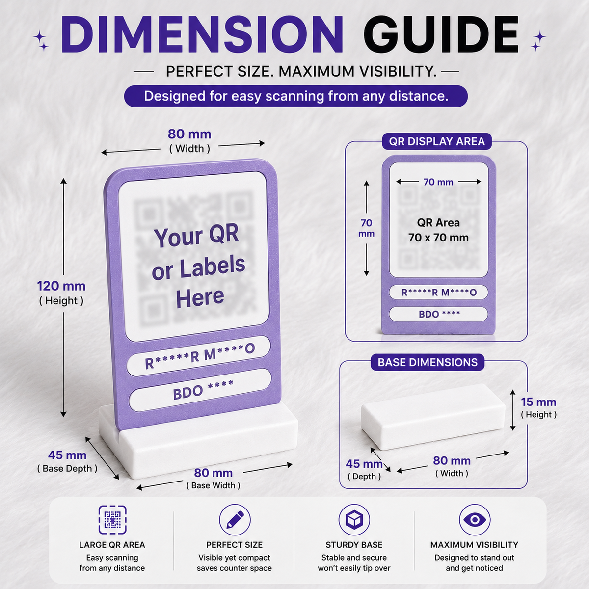 Dimension guide for the Modern Personalized QR Stand showing 120 mm height, 80 mm width, 45 mm base depth, 15 mm base height, and 70 x 70 mm QR display area by KMC Merch