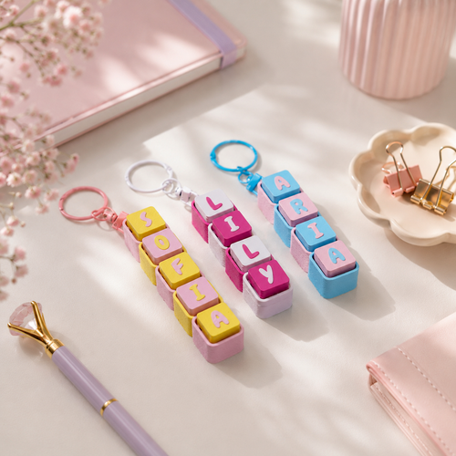 Pastel personalized name keychains spelling SOFIA, LILY, and ISIA on a stationery desk