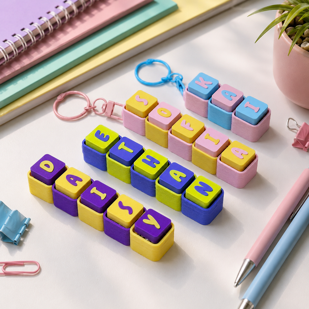 Pastel personalized name keychains in pink, blue, yellow, purple, and green color combinations on a desk