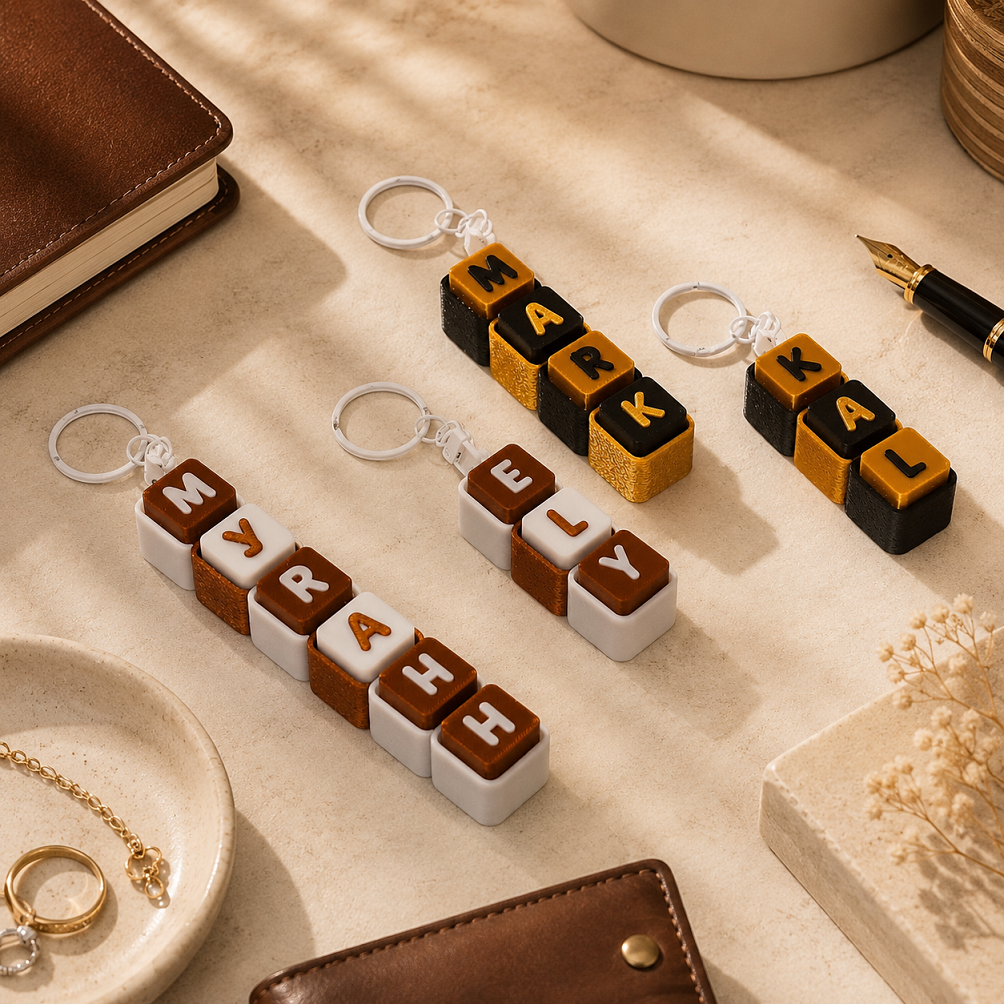 Personalized name keychains in elegant classic colors, featuring Mark, Myrah, Elly, and Kal on a sunlit desk