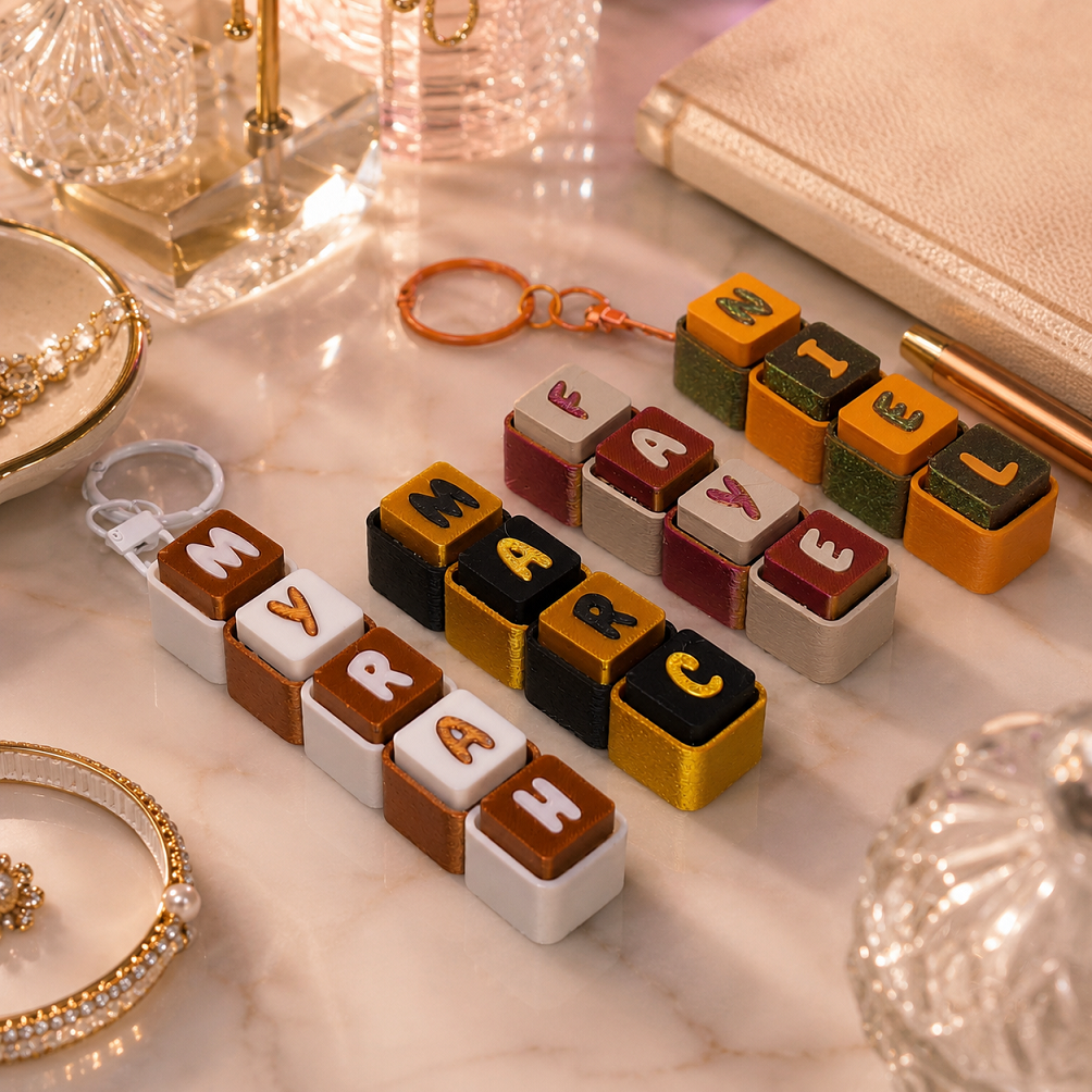 Personalized name keychains in elegant classic colors, featuring Myrah, Mark, Ely, and Kal