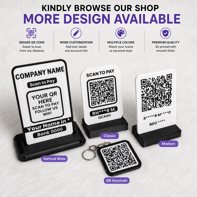 Personalized QR Stand collection featuring Classic, Modern, Vertical Wide, and QR Keychain designs for GCash, business payments, and social media by KMC Merch