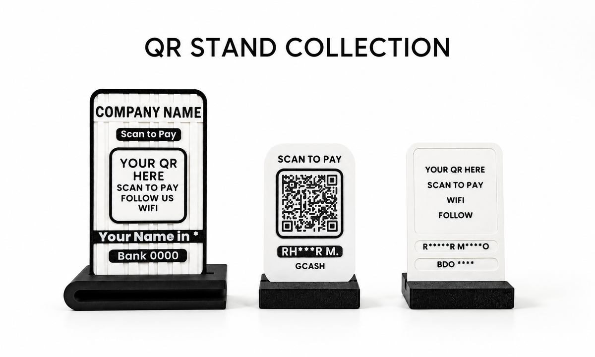 QR Stand Collection featuring Custom, Classic, and Modern personalized 3D printed QR stands for business payments, digital menus, WiFi access, and social media QR codes.