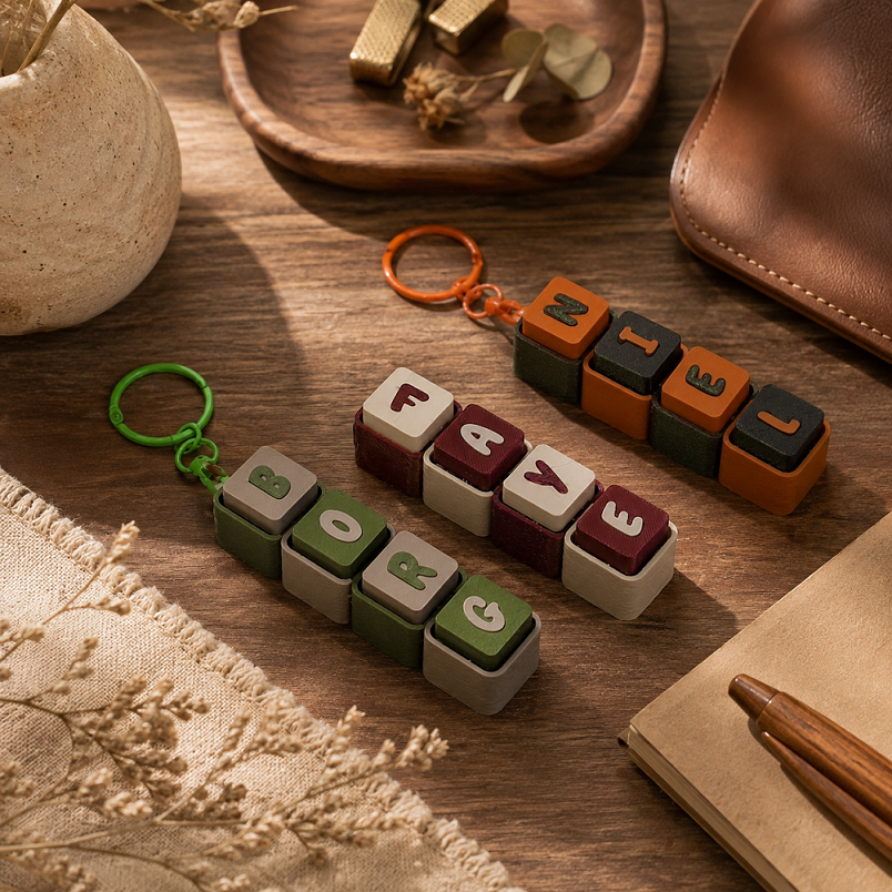 Personalized name keychains in earthy green, beige, burgundy, and orange color combinations on a rustic wooden desk