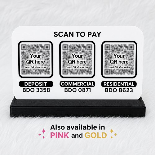 Triple Personalized QR Stand dimensions showing 220 mm base, 120 mm display height, and three QR code display for GCash, BDO, and business payments by KMC Merch